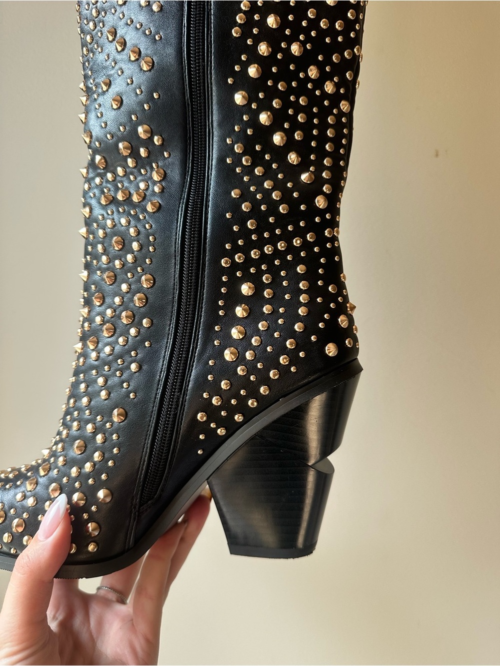 Studded Black Heeled Knee-High Boots - Elegant Western Style - Picture 5 of 6